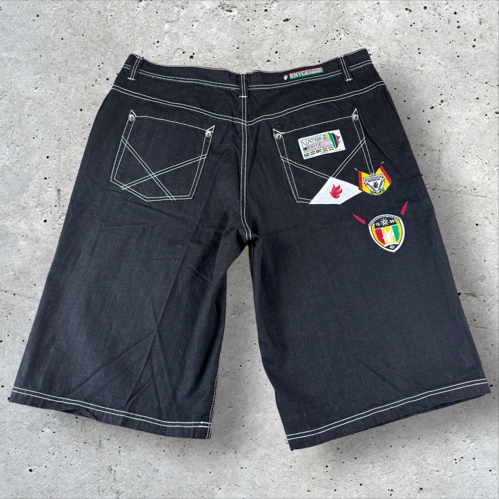 VTG Enyce Shorts Mens 44 Baggy Wide Leg Jean Denim Africa Nations Black Y2K NWT‎
